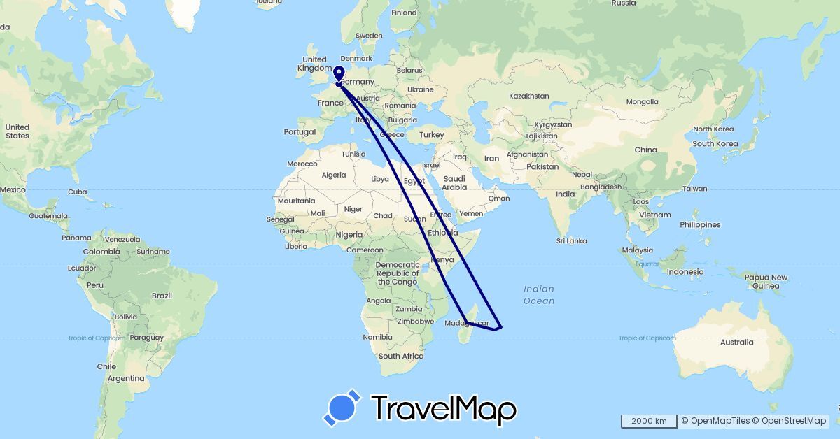 TravelMap itinerary: driving in Belgium, France, Madagascar, Mauritius, Tanzania (Africa, Europe)